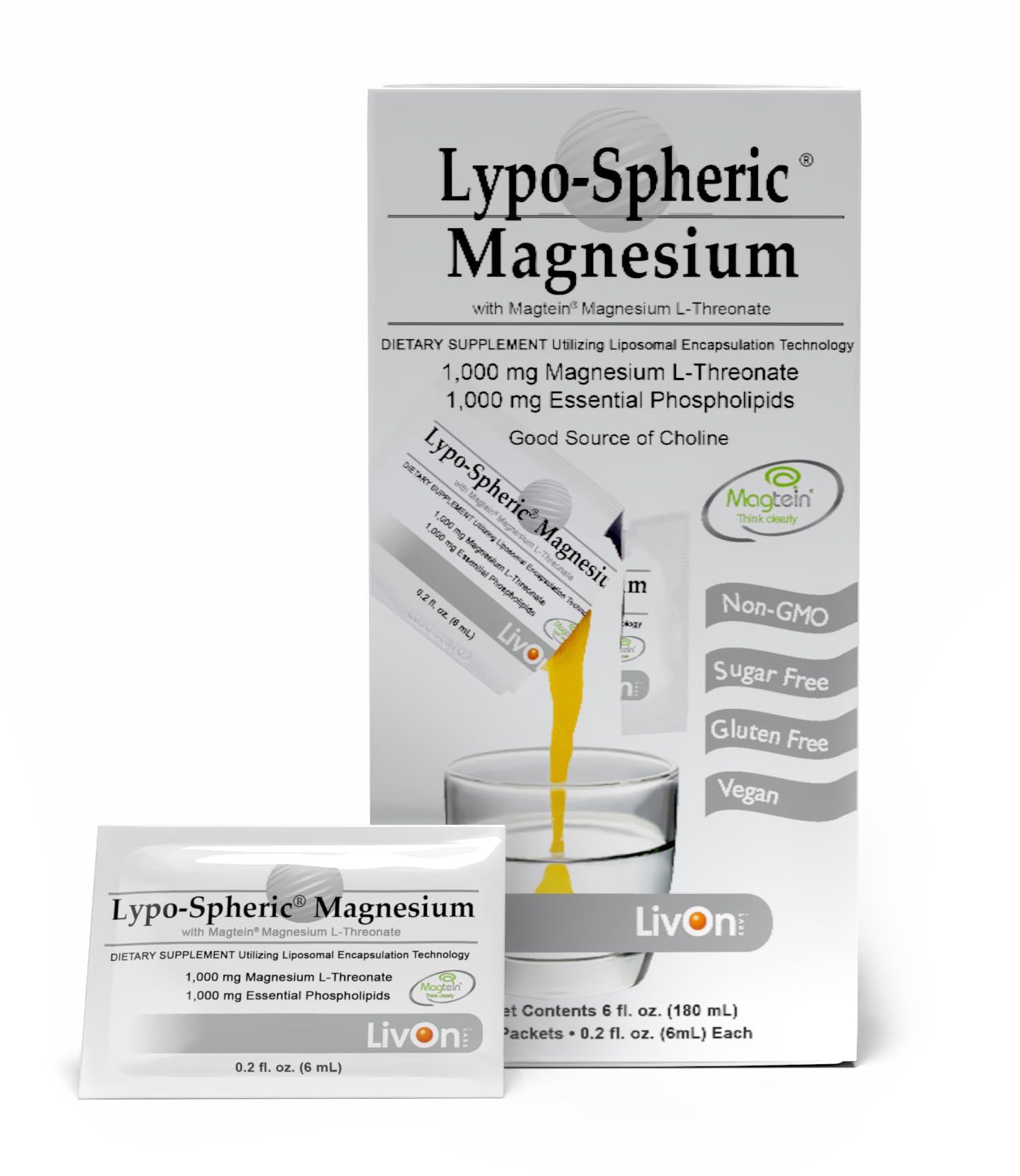 LivOn Laboratories Lypo-Spheric Magnesium L-Threonate - 30 Packets - 77mg Per Packet - Liposome Encapsulated for Maximum Bioavailability - Professionally Formulated - 100% Non-GMO