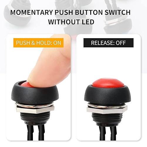 Miniatura 4 de STARELO 6 interruptores momentáneos de botón de 0.472 in, mini interruptor redondo impermeable SPST 3A 125V CA 2Pin 1NO con cable pre-soldado