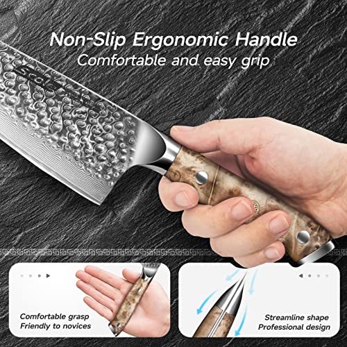 Scole® Damascus Chef Knife 8 Inch Japanese Chefs Knife With Premium White Shadow Wood Handle Razor Sharp Kitchen Chef Knife 67 Layers Vg-10 Super Damascus Steel, Triple Rivet, Full Tang, Gift Box #TOP2
