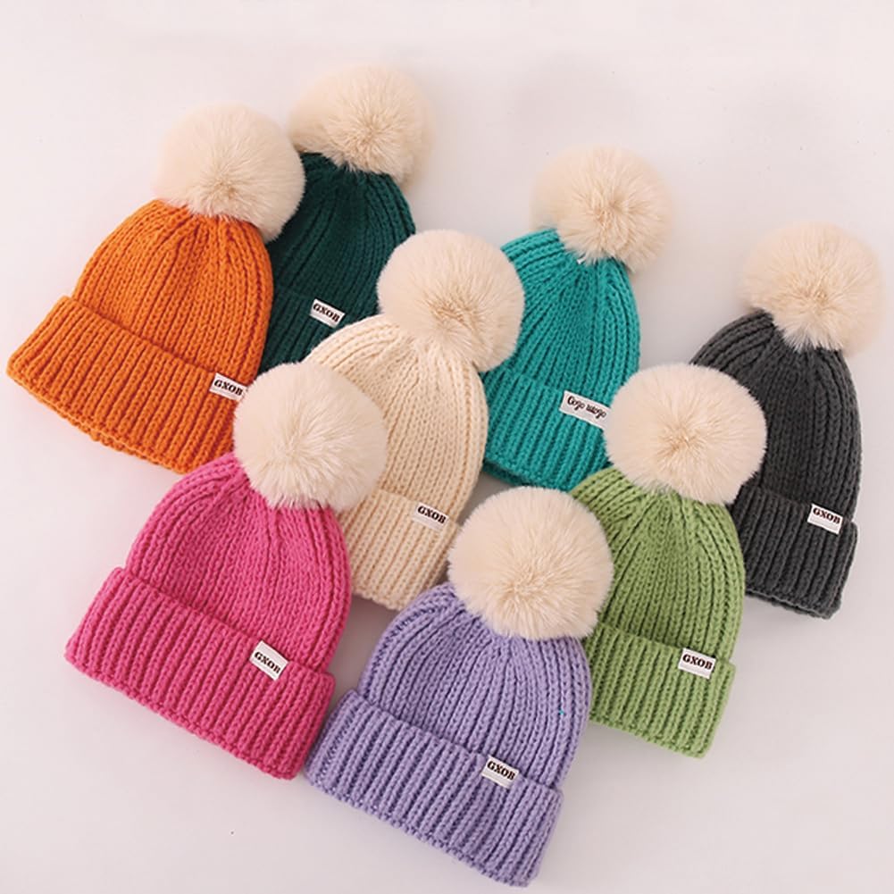 KORADI Girls Knit Hats Boys Winter Beanie Hat Unisex Kids Cuffed Skull Caps with Pom No Lining 1-8 Years - Image 3