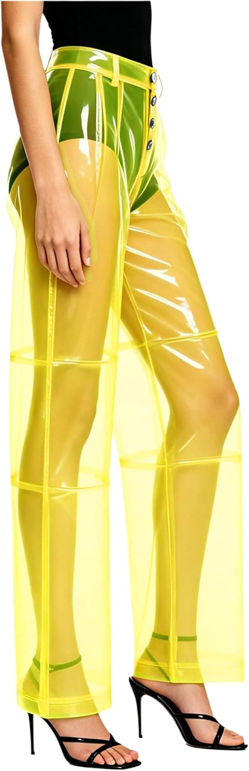 FEESHOW Women Clear PVC Pants Clubwear Sheer Bloomers Club Bar Wear Plastic Transparent Button Trousers