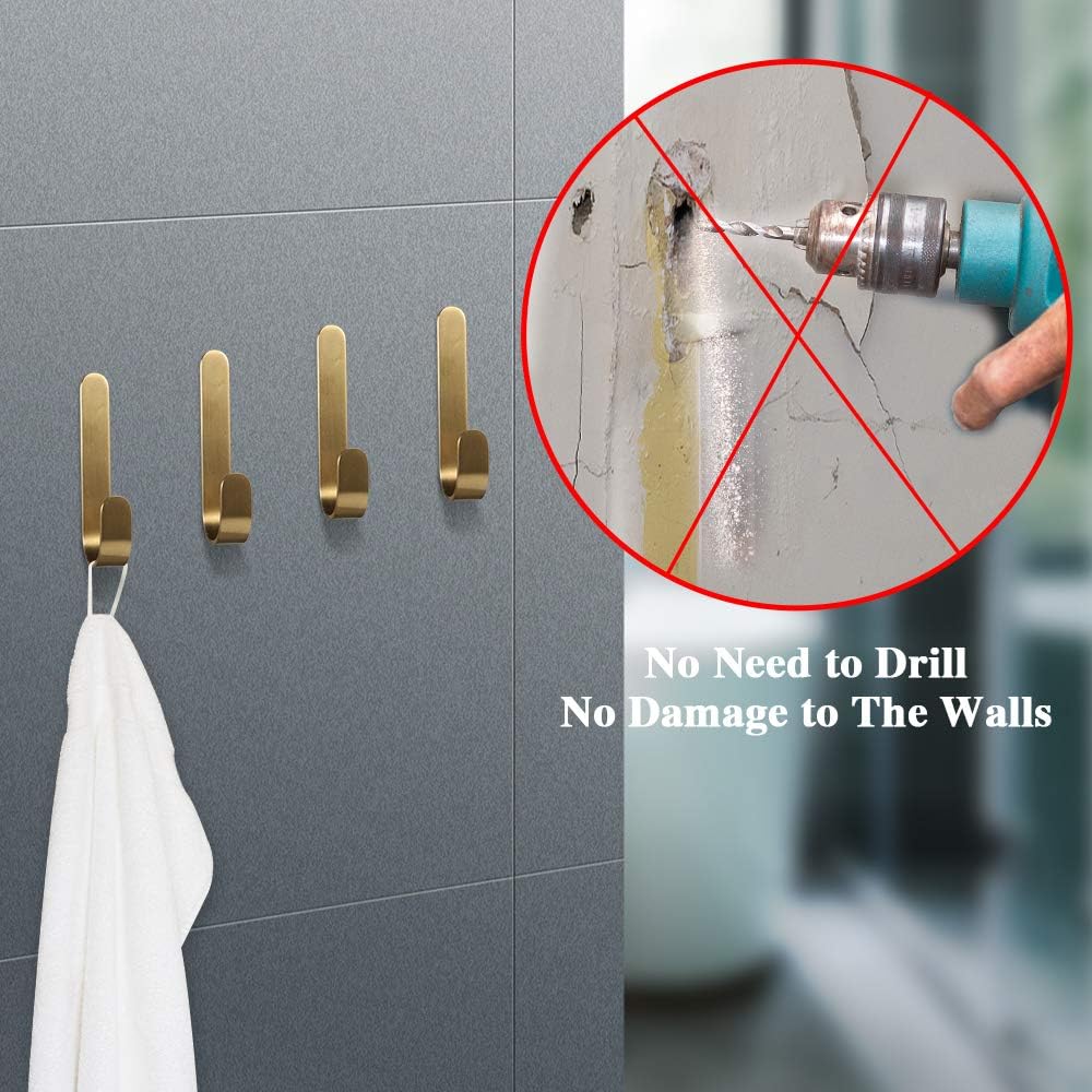 Picowe 4 Pack Brass Hooks, L-Shaped Towel Robe Hook on Wall Door, Self-Adhesive Holders for Hanging Coat Hat for Kitchen Bathroom Bedroom, for Door Wall Decoration, 0.5 x 3inch