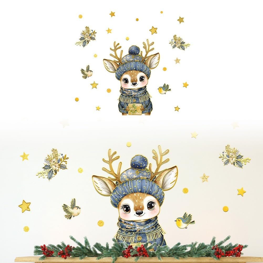 Calcomanía de ventana de Navidad de dibujos animados de alce dorado de PVC adhesivo de pared reutilizable para decoración del hogar de temporada 86 x 95 cm