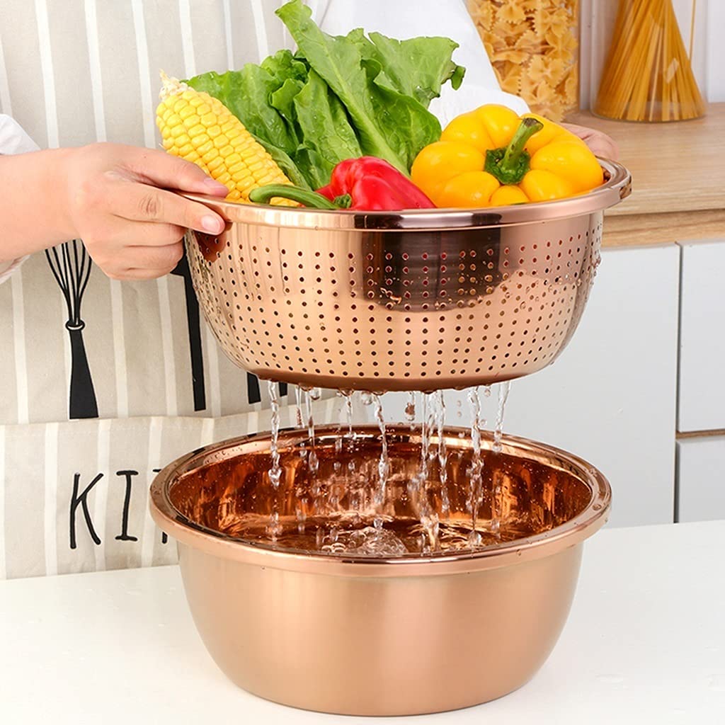 Stilvolles Seiher Schüssel Set mit Deckel, 2 in 1 Sieb und Waschschüssel für Obst Gemüse Großer Abtropfkorb für Küche