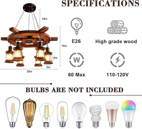 Miniatura 5 de Lámpara colgante de madera industrial de 6 luces, candelabro colgante antiguo de madera con rueda de barco, pantalla de vidrio de metal E26, lámpara