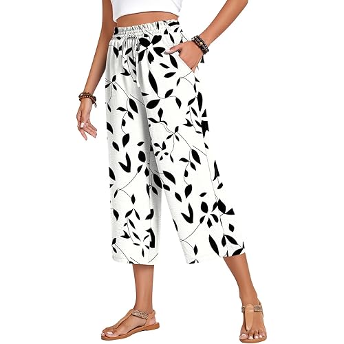 Anyhold Women's Capri Pants Drawstring Casual Palazzo Trousers with Pockets Loose High Waisted Wide Leg Lounge Pants