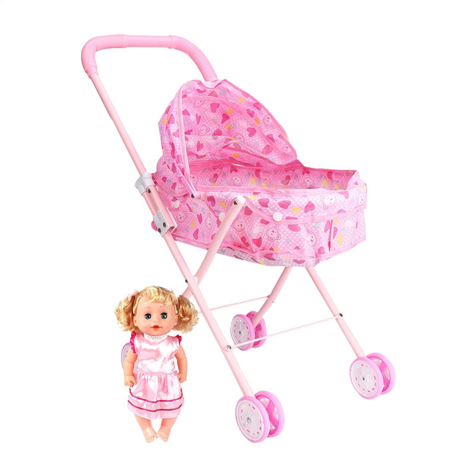 Babypuppenwagen, Puppenbuggy für Kinder, Puppenbuggy, Faltbarer und Leichter Puppenbuggy mit Korb, Puppenbuggy für Rollenspiele
