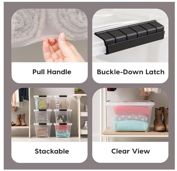 IRIS USA 32 Qt Stackable Plastic Storage Bins with Lids, 4 Pack - BPA-Free, Made in USA - See-Through Organizing Solution, Latches, Durable Nestable Containers, Secure Pull Handle - Clear