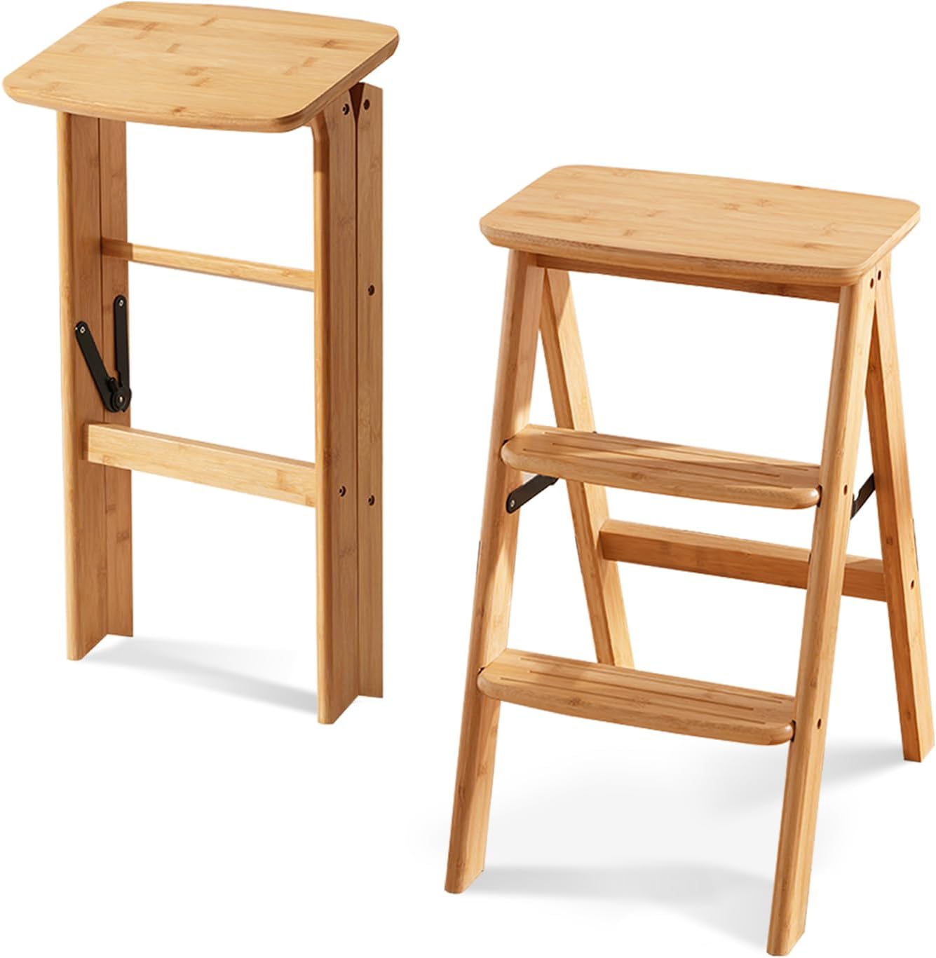 Step Ladder 3 Tier Folding- Anti Slip Step Stool Foldable, Multi 3-in-1 Bamboo Step Ladder Lightweight Portable, Wooden Step Stool Saving Space for Kitchen and Office(Natural) Natural 3 Tier