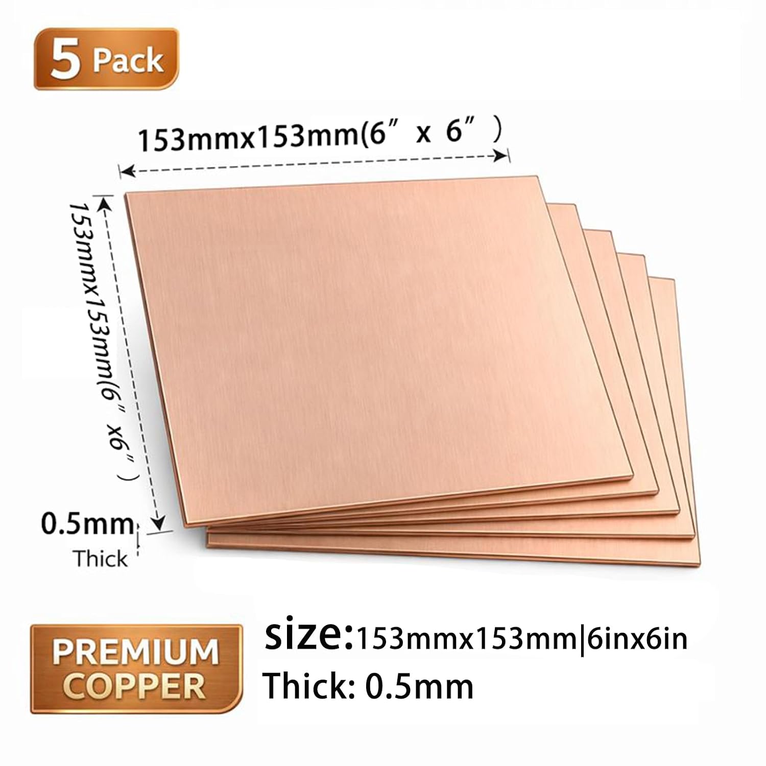 5 Pack 6"x6" C110 Copper Sheets (0.5mm) Thick,Double Side Protective Film | Copper Plates for DIY, Plate Mill, Electrical, Repair