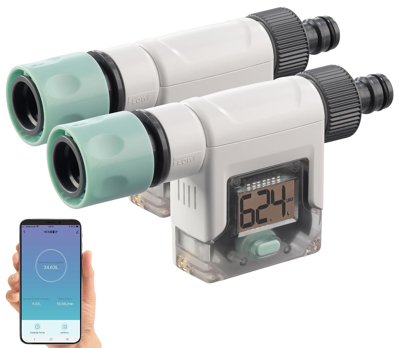 Royal Gardineer Garten-Wasser-Zähler: 2er-Set Smart-Wasserzähler für Gartenschlauch, Display, Bluetooth, App (Waschmaschine-Wasserzähler, Mengenzähler, Adapter)