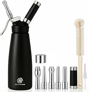 Professional 500 ml Aluminum Whipped Cream Dispenser With 5 Decorating Tips -Whipped Cream Maker With 2 Cleaning brushes-Heavy Duty Homemade Whipped Cream Canister 1 Pint (N20 Charger Not Included)