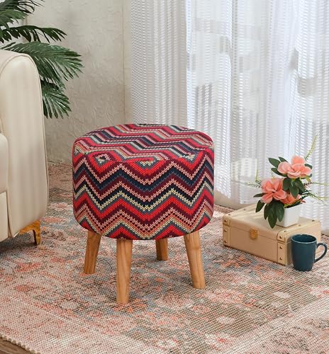 Image of NACIA Printed Ottoman Stool Set of 2 | Soft Cushioned Velvet Pouf Footrest with Wooden Legs | Decorative Seating Stool for Bedroom Living Room Home & Office (16x16x17 Inch, Zik Zak)