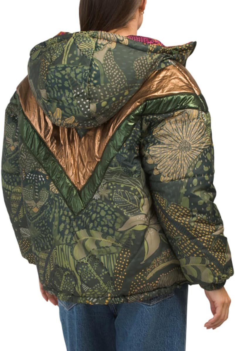 FARM Rio Women's Green Cool Leopard Hooded Metallic Quilted Reversible Puffer Jacket Size Large