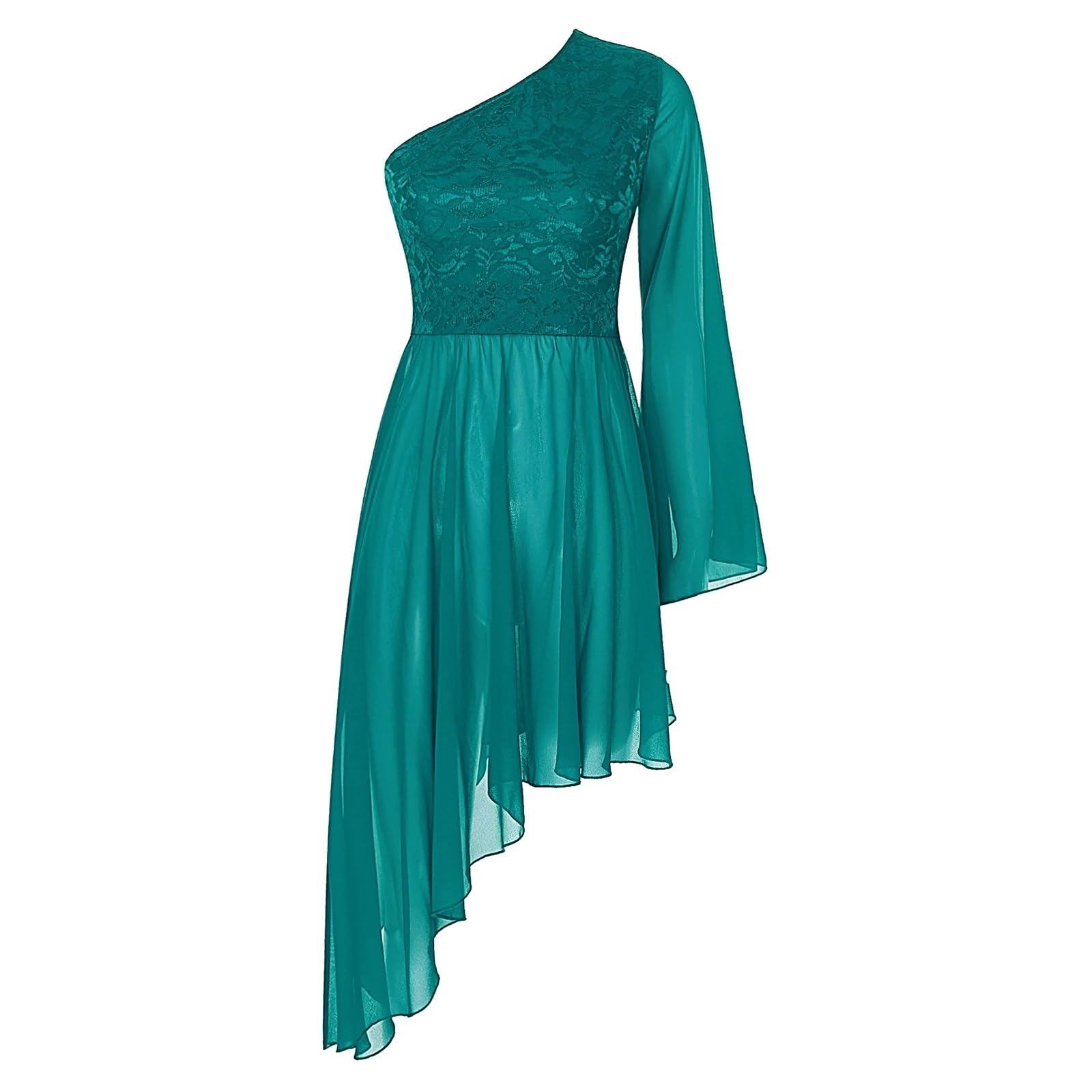 OJEVMLFVQ Praise Dance Outfits Women Praise Lyrical Dance Dress Choir Tunic One Shoulder Flared Sleeve Floral Lace Dancewear(Green,M)