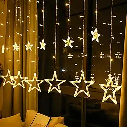 Cascata com 138 LED Formato em Estrela 8 Funções de Pisca para Cortina de luz para decorações de Natal 2,5 Metros Branco Quente (110, Volts)
