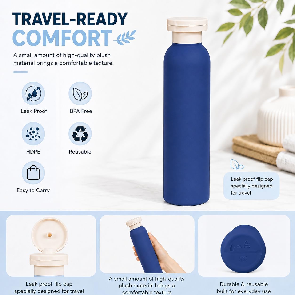 METAPACK 4Pack 8.8oz Travel Shampoo Bottles with Labels, Refillable Travel Bottles, Flip Top Squeeze Bottles, Portable Plastic Toiletry Containers for Lotion, Conditioner & Body Wash(dark bule, grey) image 3