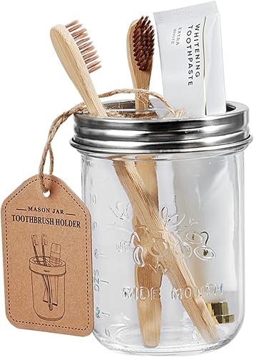 Miniatura 4 de Amolliar Mason Jar - Juego de accesorios de baño (4 piezas) - Dispensador de jabón de loción y 2 soportes para cepillo de dientes y soporte para