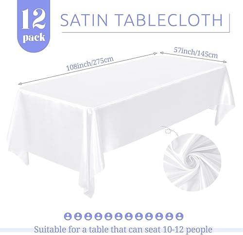 Miniatura 2 de Paquete de 12 manteles de satén blanco, mantel de satén sedoso de 57 x 108 pulgadas, mantel rectangular de seda brillante, tela suave, cubiertas de