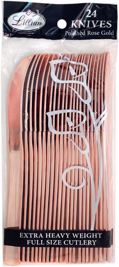 Lillian Tablesettings Knife Bag | Polished Rose Gold | Pack of 24 Plastic Cutlery, 5.5 x 1 x 1 inches