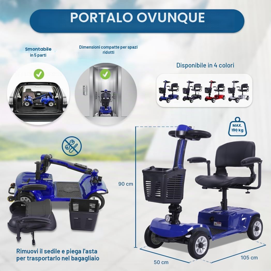 Scooter Elettrico 4 Ruote Pieghevole Smontabile Per Disabili E Anziani Con Ruote Antiforatura 190 Kg Dortomedical®