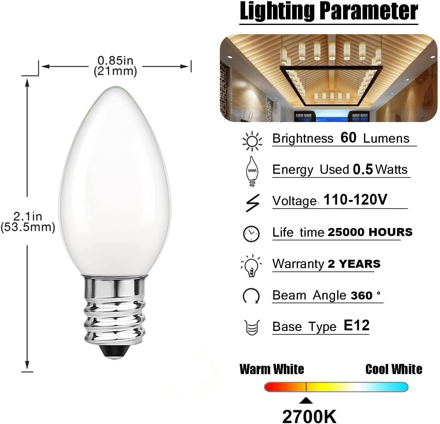 Dimmable C7 Mini Candelabra Night Bulb, LED Christmas Light Bulbs, 2700K Warm White, 1W (10W Equivalent), E12 Candelabra Base, Perfect for Holiday, Christmas, Home Decoration, 5Pack (Milky, 0.5W)