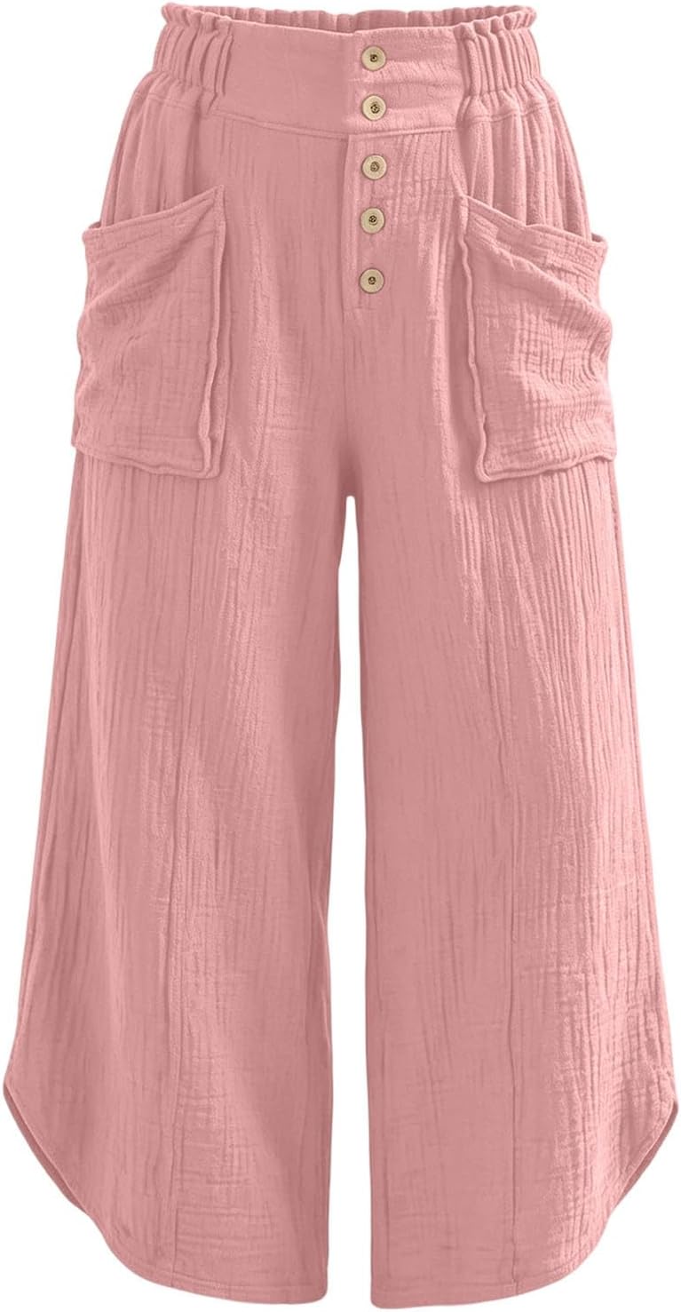 Women Elastic High Waisted Wide Leg Pants Casual Boho Palazzo Trousers Beach Vacation Loose Pant with Pockets