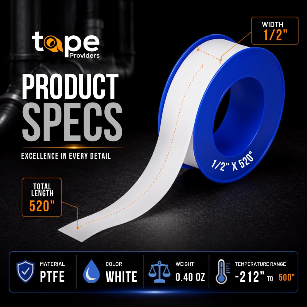 WOD PTFE-35S – Lot de 100 rouleaux de ruban d'étanchéité en téflon pour tuyau de plombier – 1,27 cm x 1,320 cm (boîte de 100 rouleaux) – Joint d'étanchéité anti-fuite pour conduites d'eau, gaz, huile