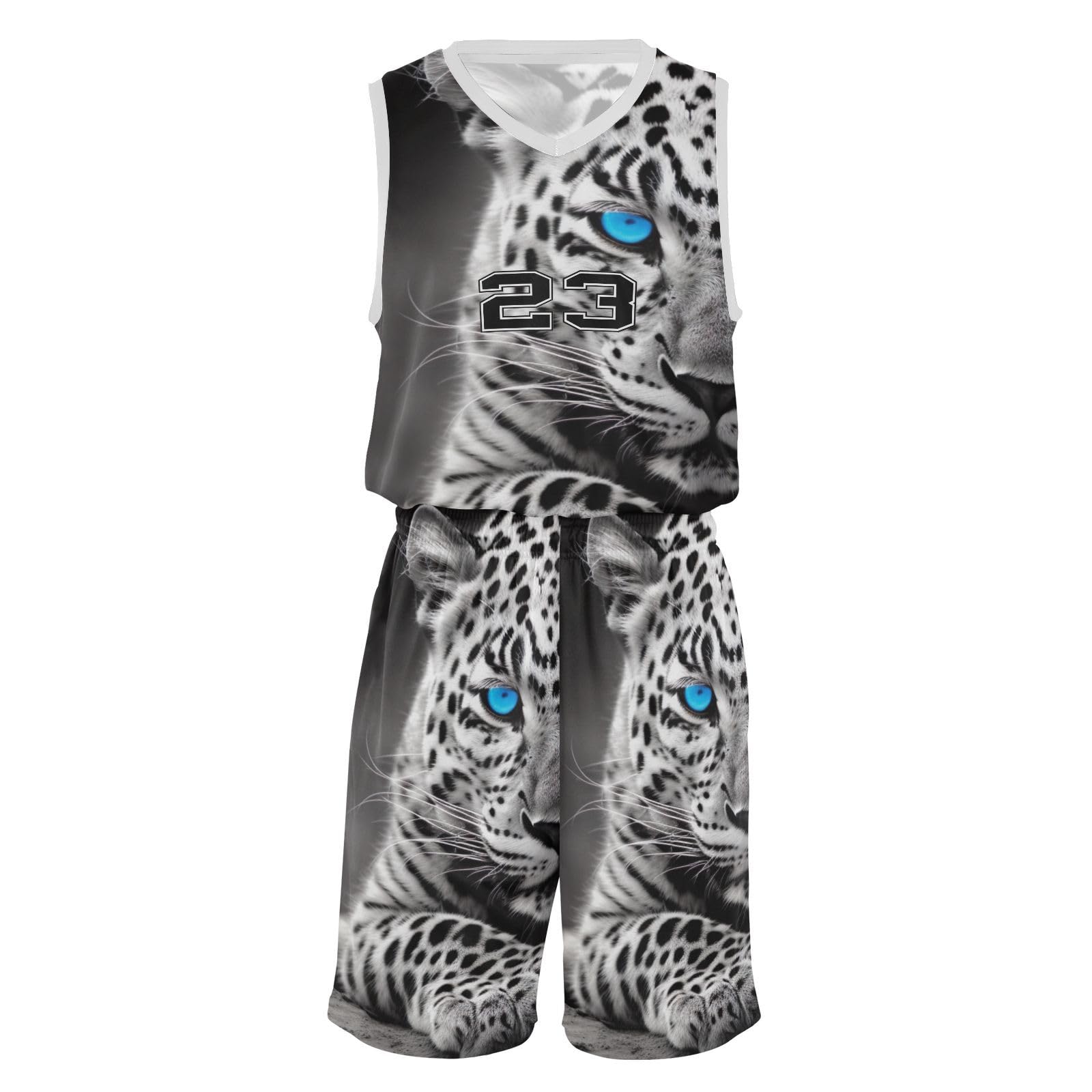 FLildon Leopard Cheetah Blue Eyes Boys Basketball Jersey Set Tank Top Shorts Tracksuit Sport Training Suit for Kids, L