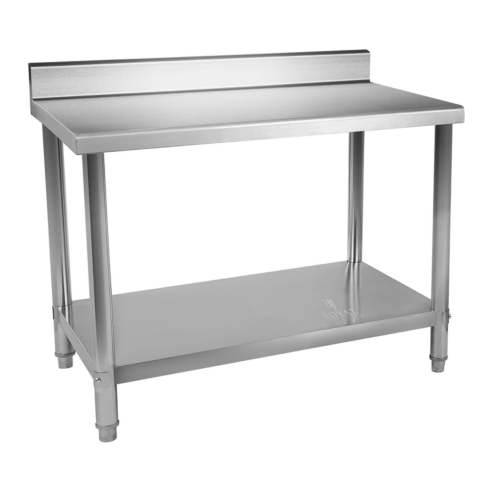 Royal Catering Table De Travail Adossée Cuisine Professionnel Préparation Confection Boucher Avec Tablette RCAT-120/60-N (120x60cm, Capacité 250 kg, Plan 150 kg + Étagère 100 kg, Dosseret 11 cm, Inox)