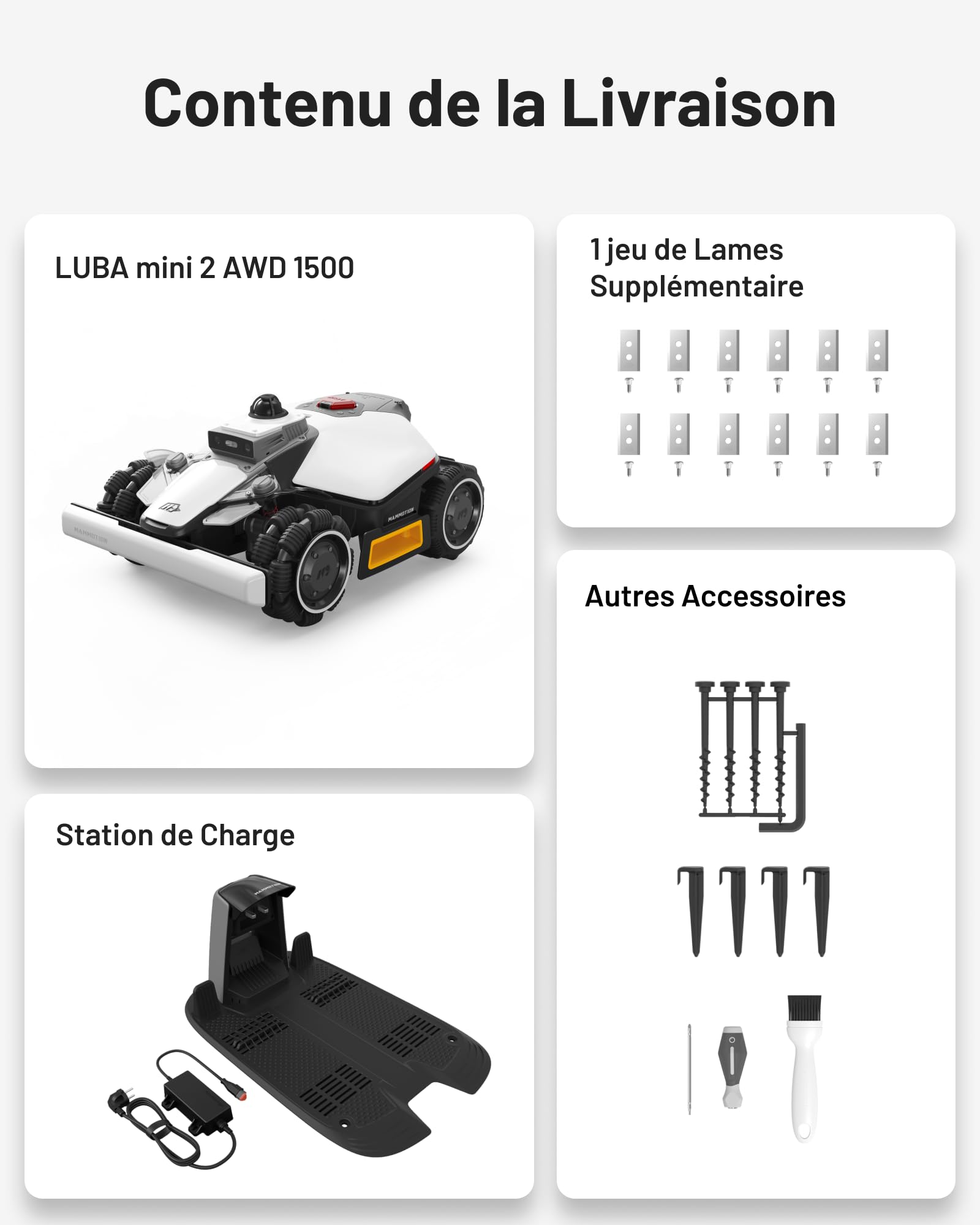 MAMMOTION LUBA Mini 2 AWD 1500 Robot Tondeuse sans Fil avec Mini Garage + Support de Nettoyage - Expédiés Séparément, 360° LiDAR & Double Caméra IA, Disque de Bordure, Hauteur Auto, Pente 80%, DropMow