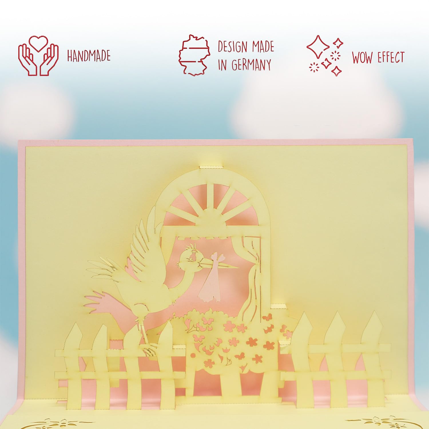 Papercrush® Biglietto Pop-up 3D Per Nascita Bambina Con Cicogna, Fatto A Mano, Con Foglio Per Auguri Integrato - 4