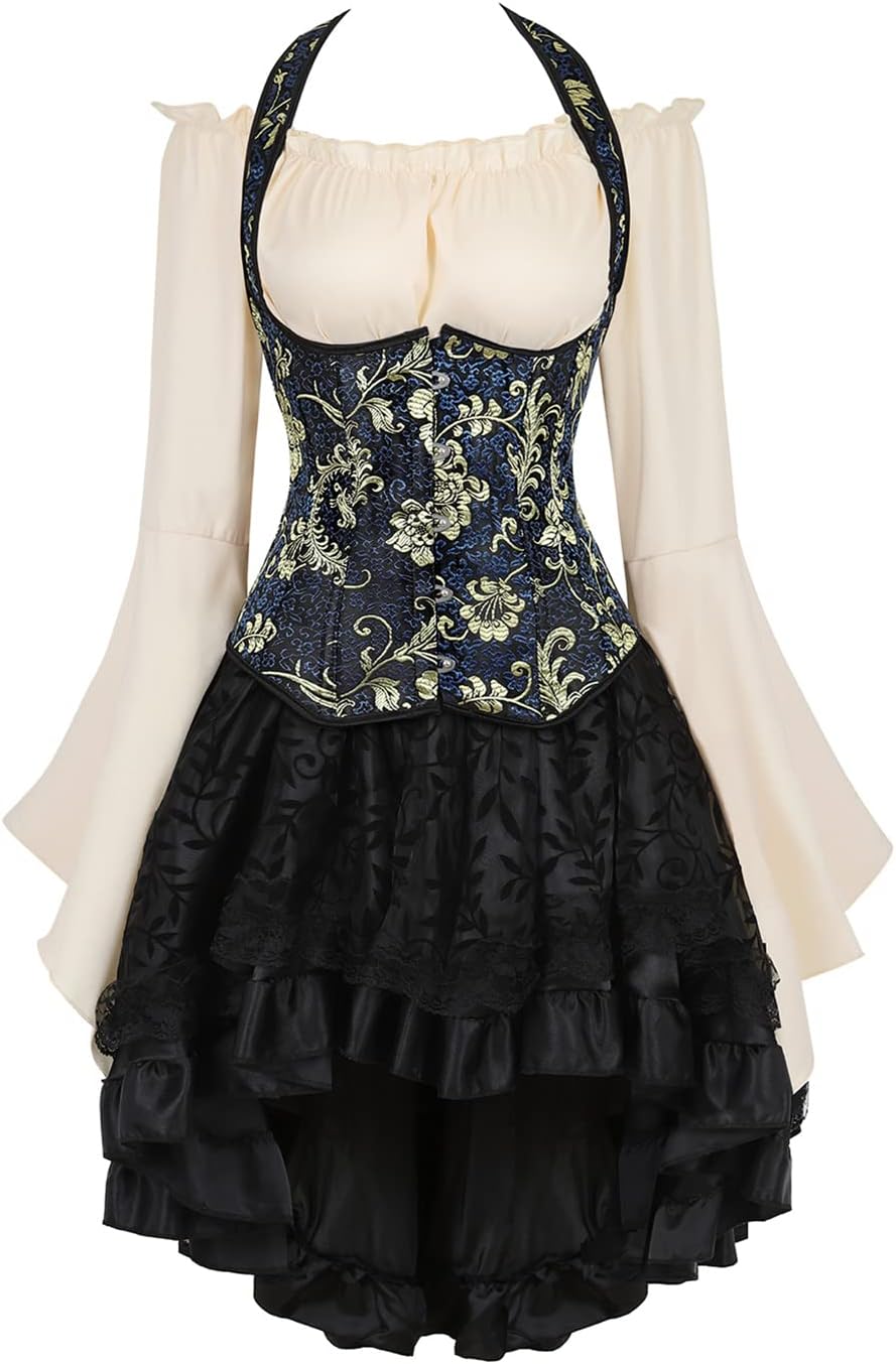 Steampunk Strap Boned Underbust Corset with Skirt and Pirate Blouse Women Carnival Costumes