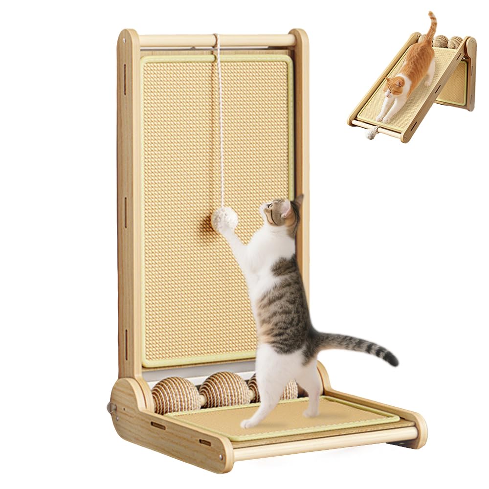 Rascador para gatos en forma de L, almohadilla para rascar gatos de pie con tapete rascador de sisal natural, almohadilla plegable para proteger los arañazos con juguete de bola para interiores (60 x