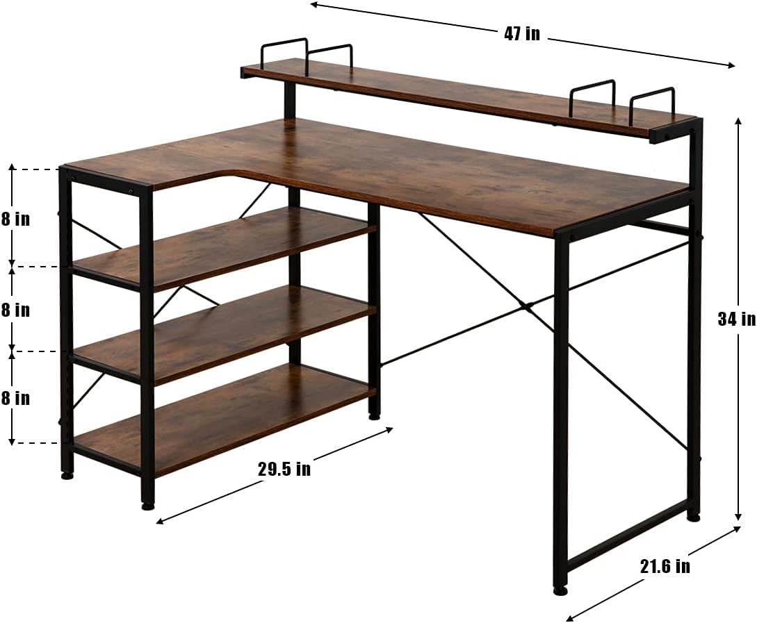 MELLCOM Industrial Computer Writing Desk, Large Writing Desk for Home Office, Computer Desk with 2 Adjustable Storage Shelves on Left or Right Side and 2 Headset Hooks