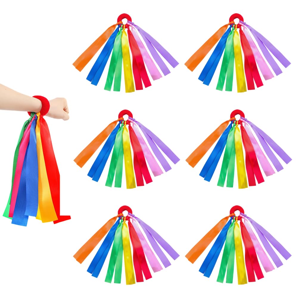 CARPJZ 6Pcs Rainbow Satin Wrist Dance Ribbons, Elastic Wristband Flowing Streamers, Colourful Dance Ribbon for Gymnastics Cheerleading Festival Party Stage Performance