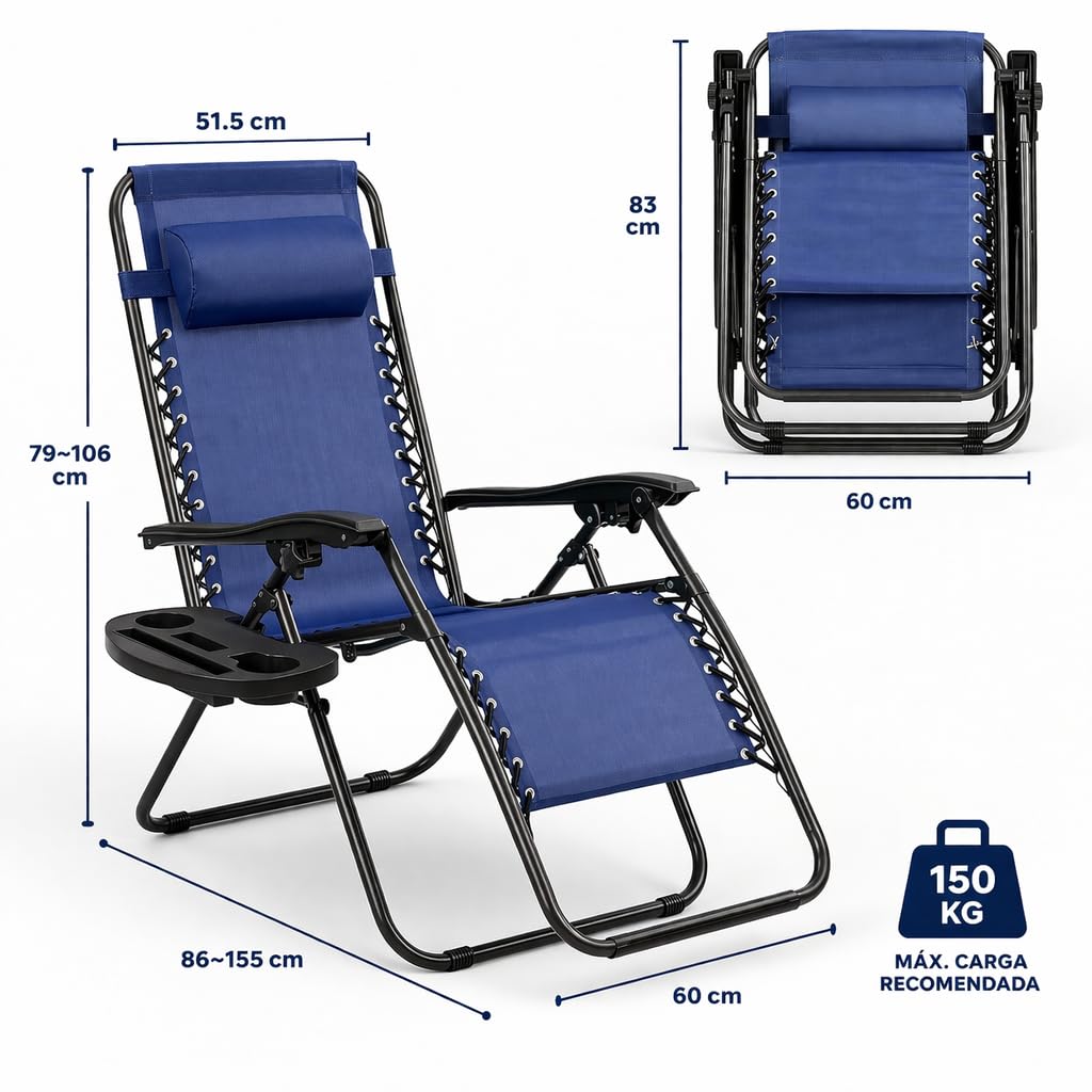 Pack 2 Tumbonas o Sillas de Exterior Plegables para jardín | Playa | Piscina o Terraza | Hamacas Reclinables Camping con Portavasos y Reposacabezas | Hasta 150kg | Silla plegable playa o Tumbona — view 3