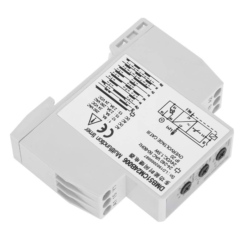 Relè temporizzato a tensione multipla DC 24 V e AC 24–240 V, interruttore di ritardo OFF, relè con ritardo temporale a 7 funzioni con intervallo da 0,1 s a 100 h, indicatore a LED,