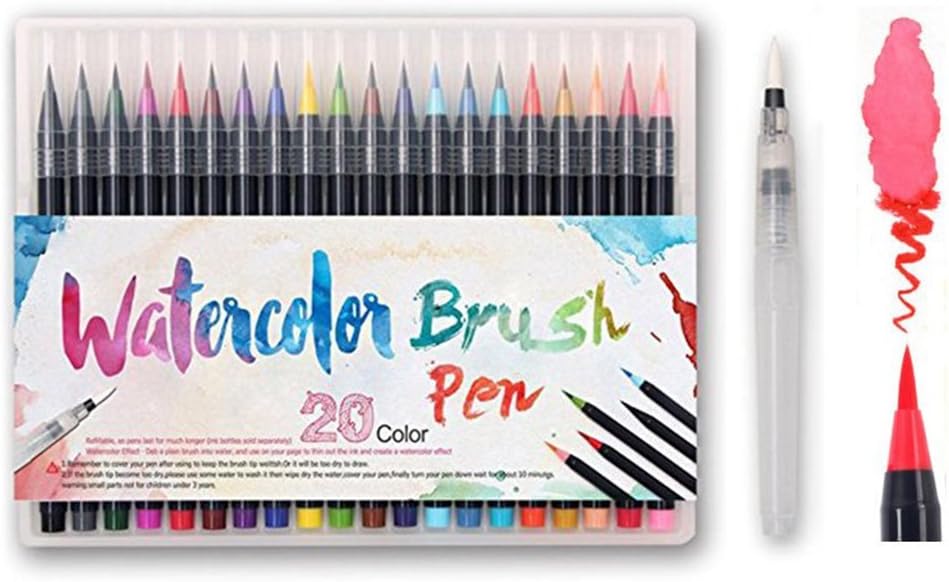 Watercolor Brush Markers Pen, Eattop 20 Colors Water Based Drawing Marker Brushes Set Water Coloring Brush, Water Colored Ink / Soft Flexible Tip for Kids Adult Coloring Books, Manga, Comic, Calligraphy