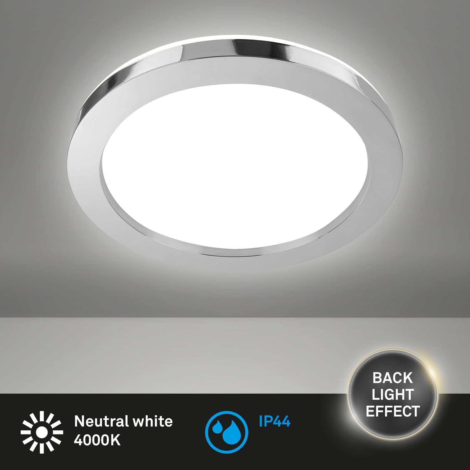 BRILONER - Plafoniera da bagno a LED con retroilluminazione, lampada da bagno a LED IP44, molto luminosa 3600 lumen, luce bianca neutra, cromo, 410x60 mm (DxH)