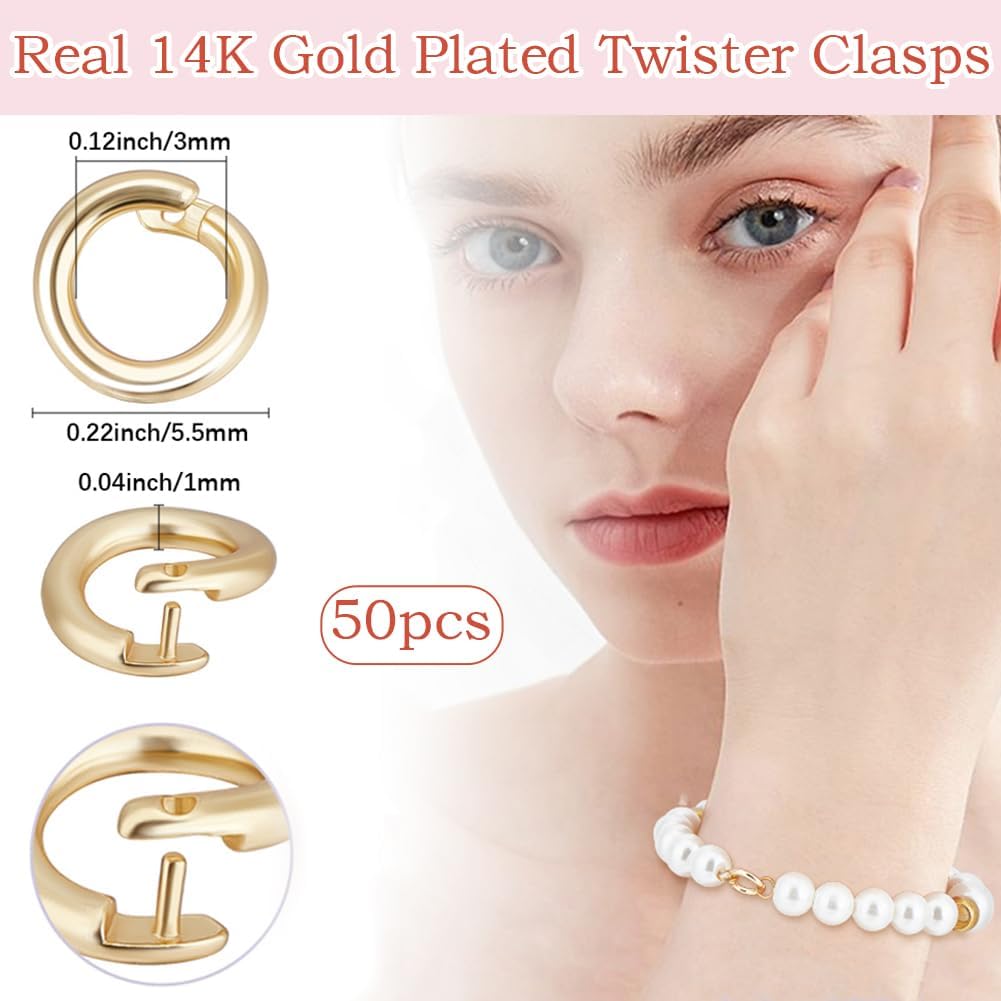Beebeecraft 1 Box 50Pcs Locking Jump Rings, 5.5mm 14K Gold Plated Brass Round Split Jump Ring Open O Ring Twister Snap Clasps Connector for Jewelry Making Necklaces Bracelet DIY Craft Supplies