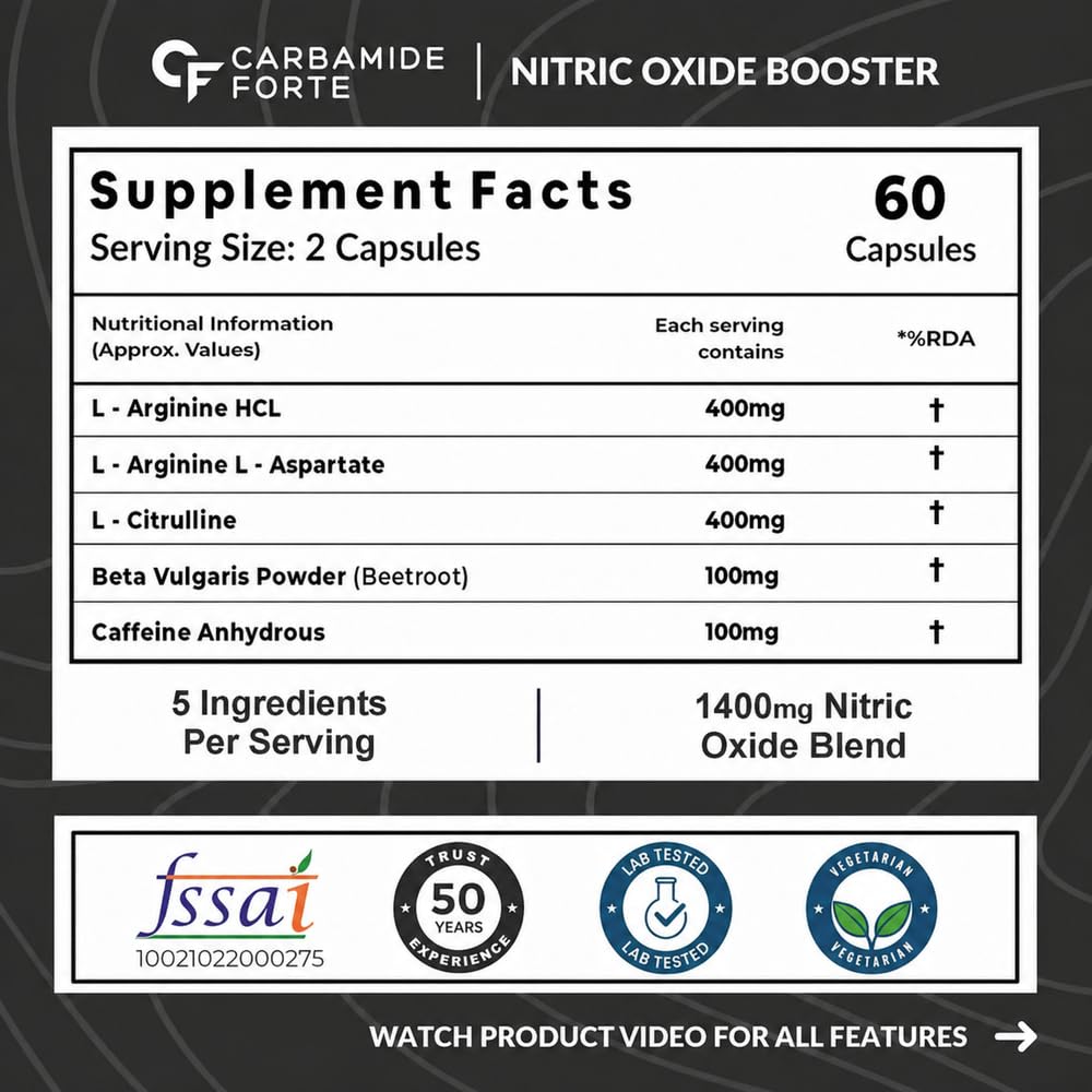 Carbamide Forte Nitric Oxide Supplement for Adults 1200mg with L-Arginine HCL, AAKG, L Citrulline Malate, Beet Root Extract & Caffeine,Veg Capsules 60 Count — Amazon image 2