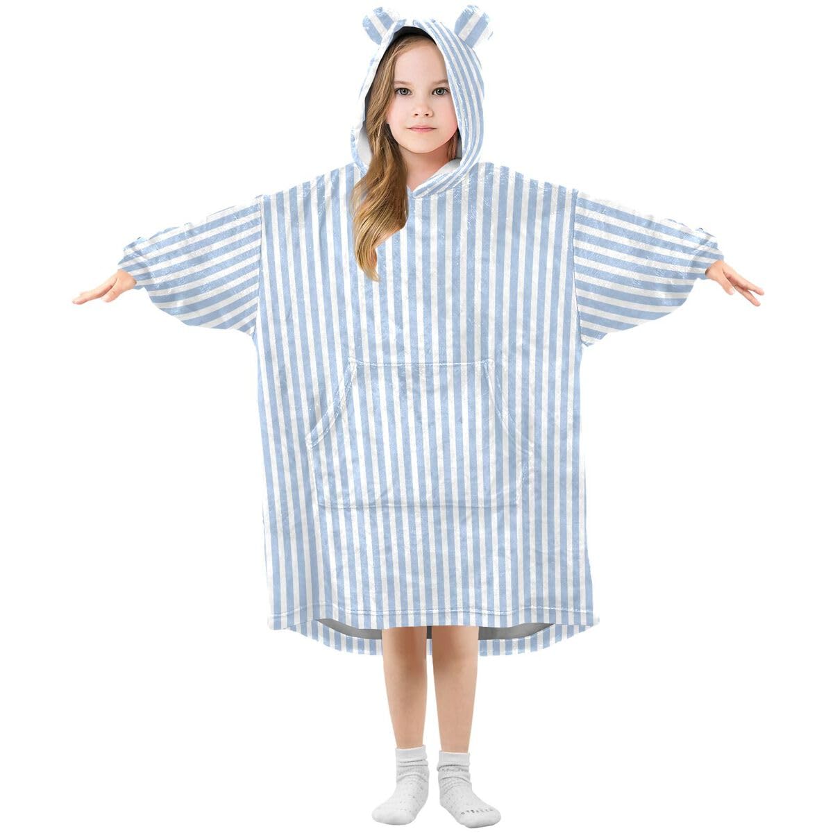 Niebieski lniany koc w paski dla dzieci do noszenia bluza z kapturem oversize bluza koc sweter geometryczny dla chłopców i dziewcząt w wieku 3-14 lat