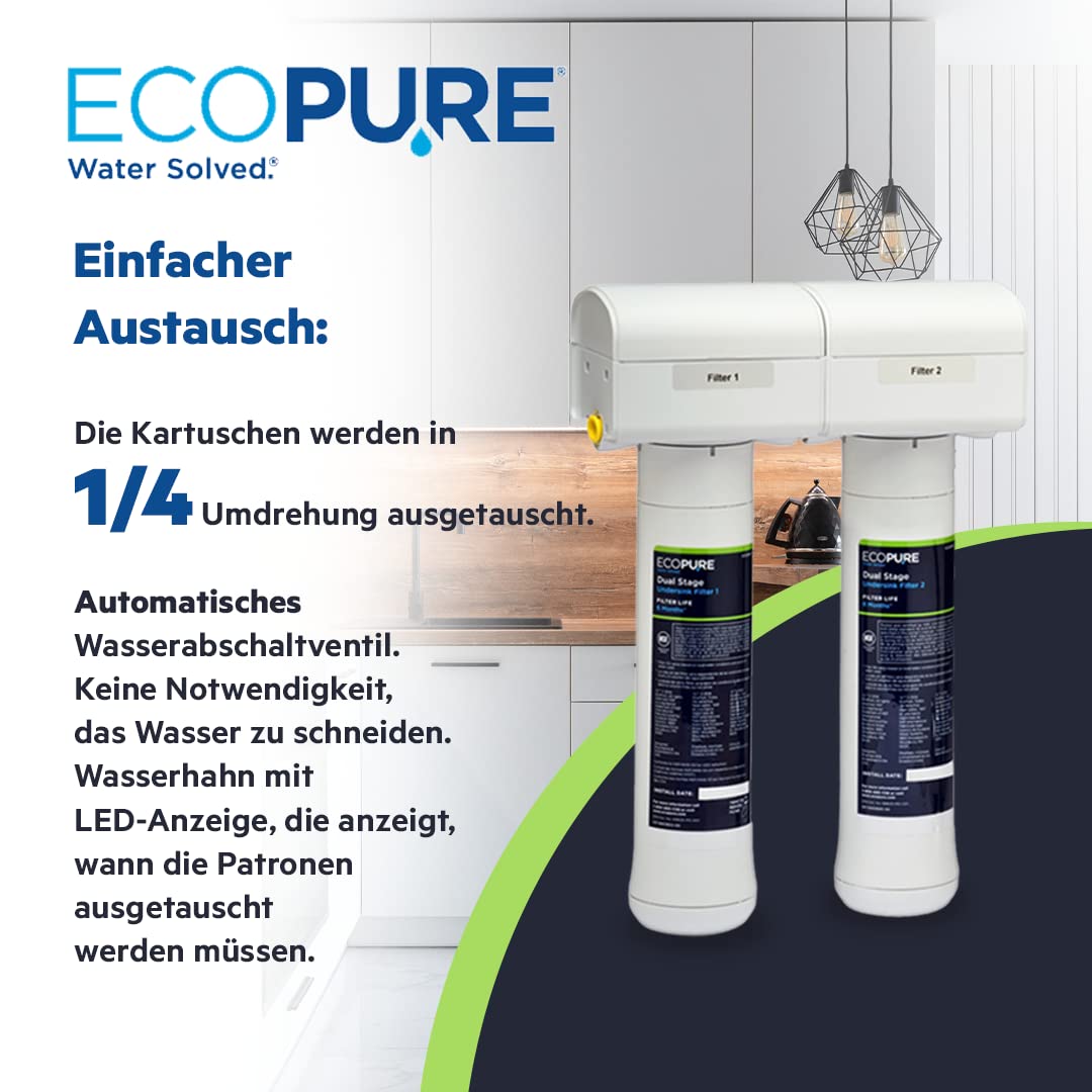 ECOPURE | 2-Stufen-Filtrationssystem unter der Spüle (ECOP20) für reines, gesundes Trinkwasser | Reduktion von Blei, Chemikalien und Chlor | Lebensdauer: 6 Monate/7500L Wasser