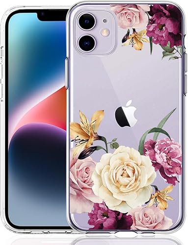 Miniatura 12 de Compatible con iPhone 11, funda transparente con flores florales a prueba de golpes, parte trasera dura, delgada, bonita funda transparente para Ola