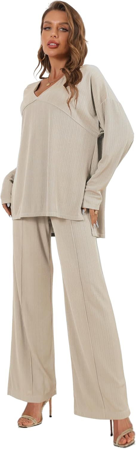 Women's 2 Piece Lounge Set V Neck Casual Ribbed Knit Pajama Set Wide leg pants Pajama Set