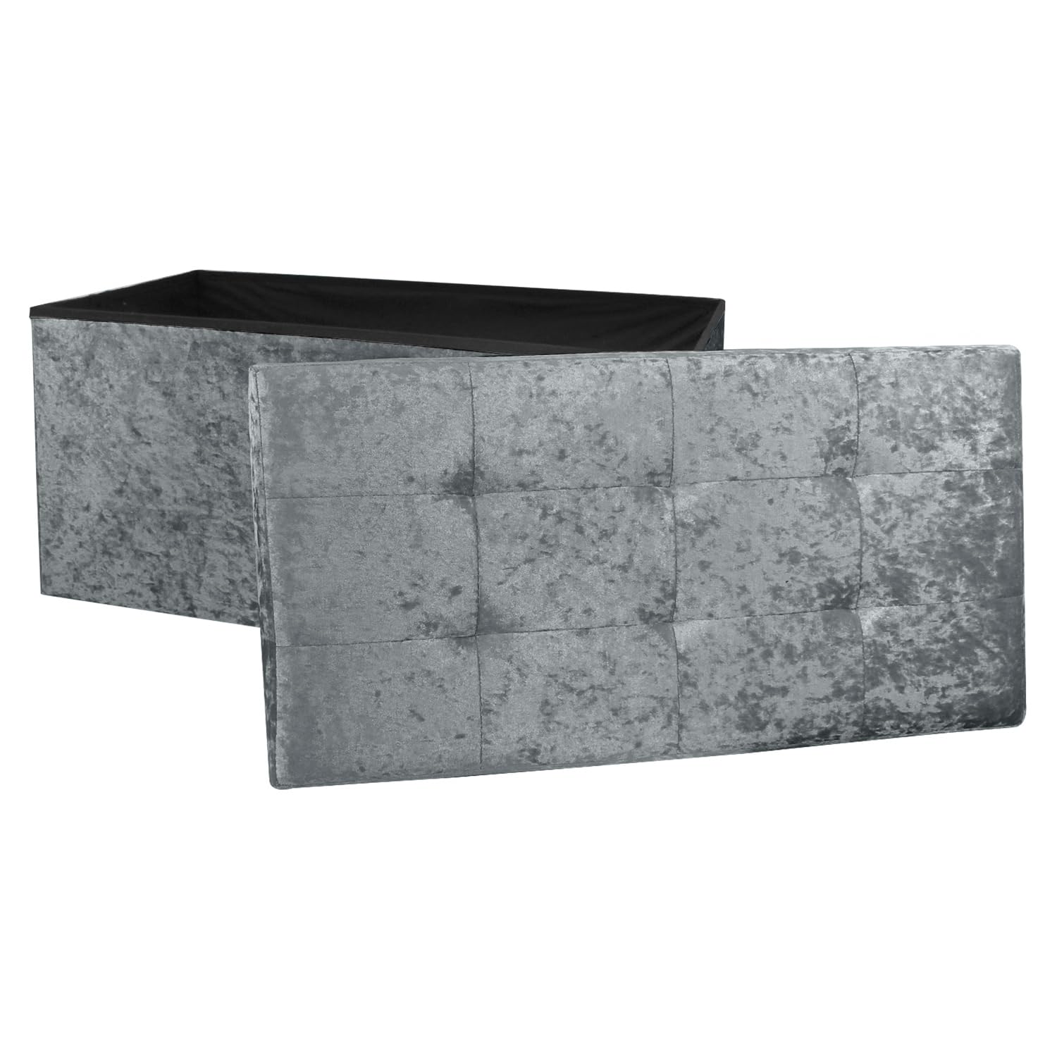 DANIEL JAMES Housewares Large Fold Flat Ottoman Storage, Grey Velvet Velour Finish, Double Size, 76cm (L) x 38cm (W) x 38cm (H)