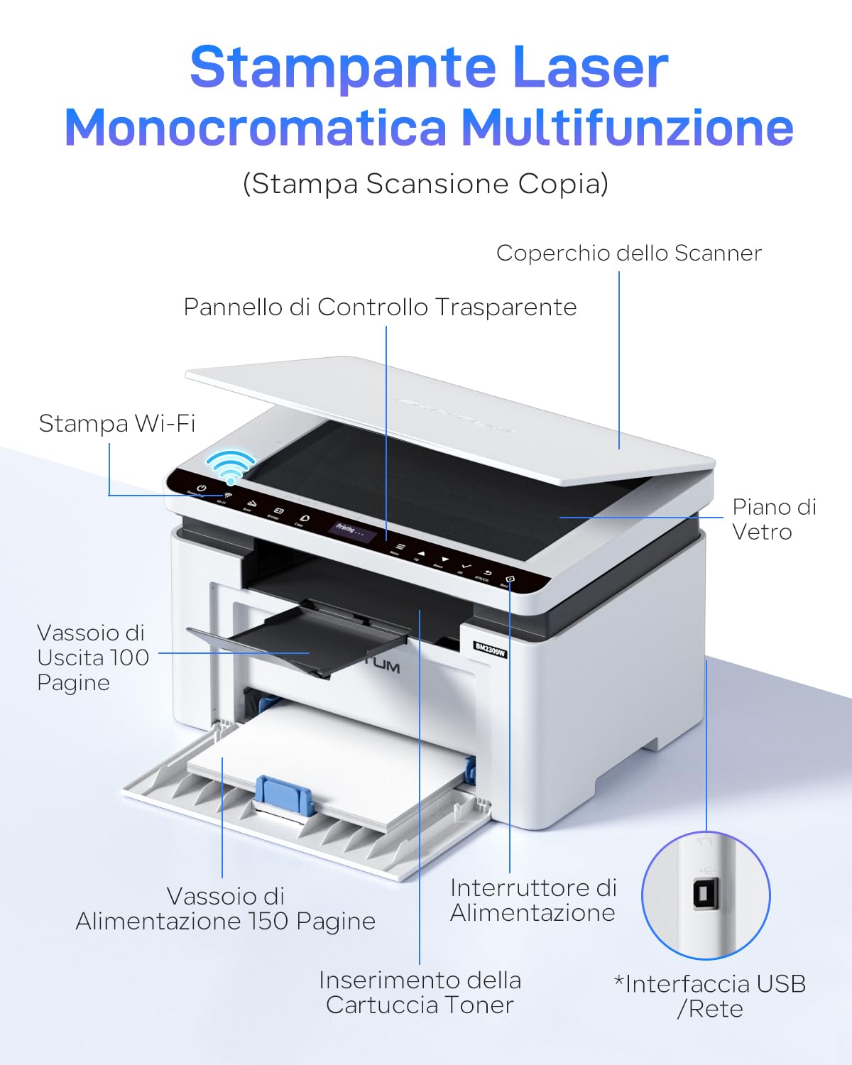 PANTUM BM2309W Stampante Laser Multifunzione WIFI Bianco e Nero, 20 ppm, Bluetooth, USB 2.0, Stampa, Copia e Scansione