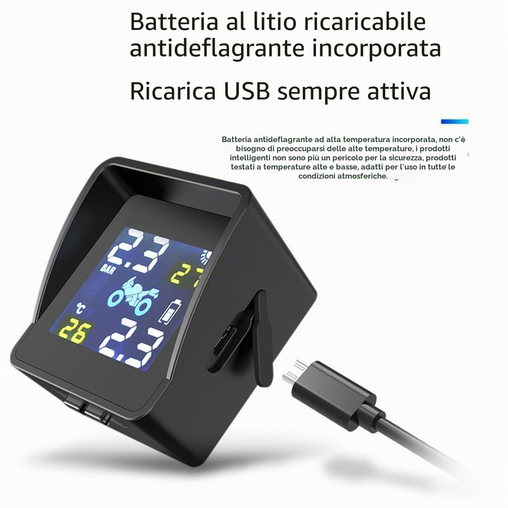 di Monitoraggio della Pressione e della Temperatura dei Pneumatici Solari per Sensore TPMS Carica USB per Pressione Pneumatici per Moto