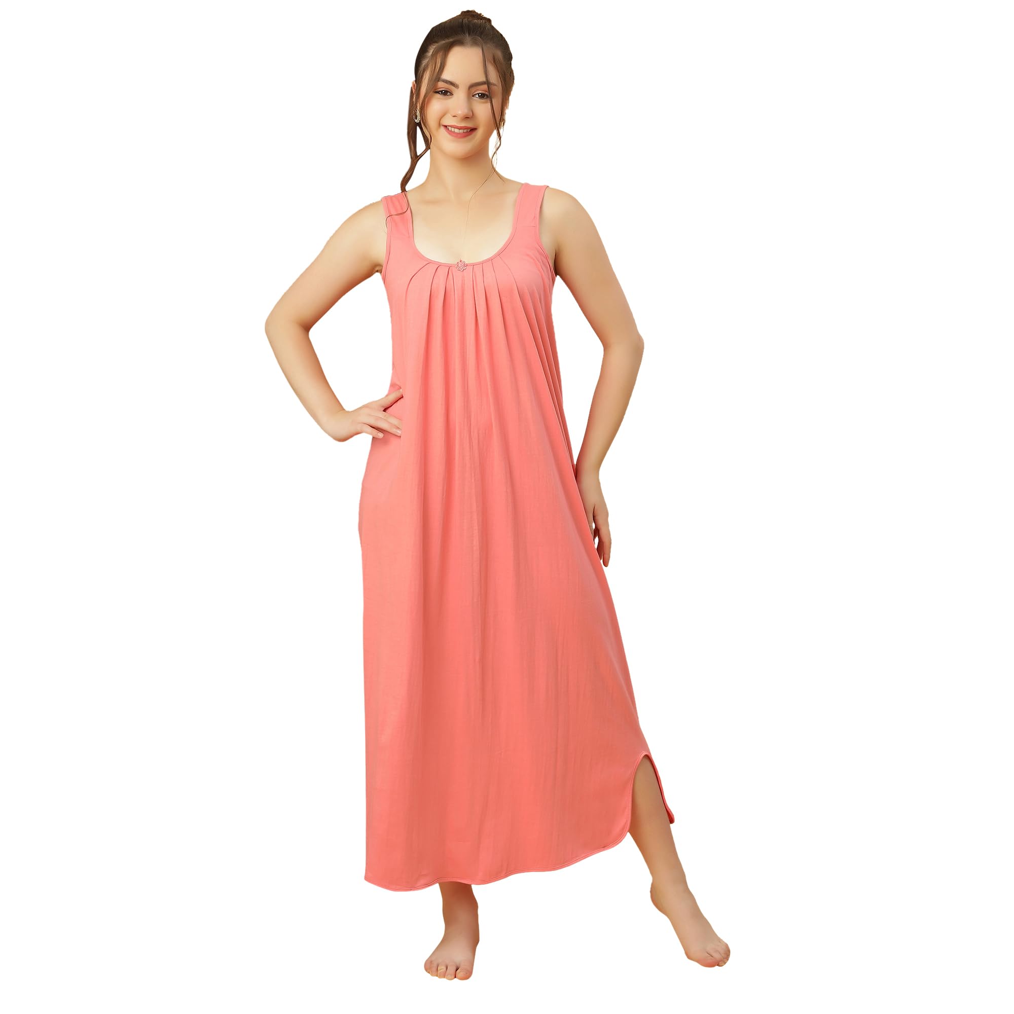 Nighty Slip Gown for Women - 100% Cotton Combed Hosiery, Sleeveless Solid Pattern Maxi Length Nightwear, Soft Fabric.-image-23